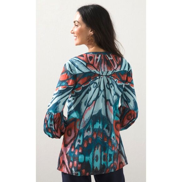 CHICO'S Cuff Sleeve Butterfly Top Colorful Artsy Casual Career Size 1 (8/10) - Picture 6 of 11